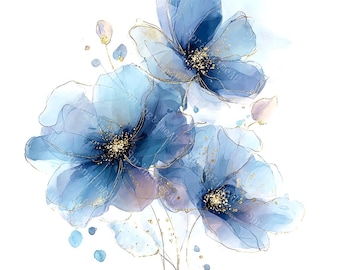 18 abstrakta blå blommor clipart, blå och guld blomma, blomtryck, utskrivbar akvarell, högkvalitativa JPG-bilder, papperspyssel, skräpjournal