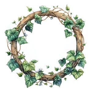 Peut inclure: Une couronne circulaire en bois avec des vignes et des feuilles de lierre vertes. La couronne est décorée de petites fleurs blanches.