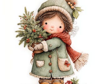 24 Christmas Little Girl Clipart, Christmas Tree, Christmas Card, Printable Watercolor, High-Quality JPGs, Papercraft, Junk Journal