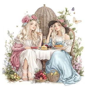 14 cliparts girly Gatherings, garden-party entre filles, meilleures amies, sœurs, aquarelle imprimable, fichiers JPG de haute qualité, créations en papier, journal indésirable