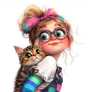 16 süße kleine Mädchen und Katze Clipart, Katzen-Liebhaber-Geschenk, Baby Girl, druckbares Aquarell, hochwertige JPGs, Papiermodelle, Junk Journal