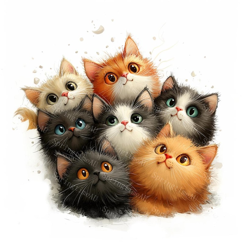 May include: A watercolor illustration of seven fluffy cats with various fur colors, including orange, black, and white. Each cat has large, expressive eyes and a sweet expression. The image has a soft, whimsical feel.