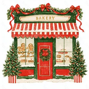 May include: A festive bakery storefront illustration featuring a red door with a wreath, a red and white striped awning, and the word BAKERY above. Two decorated Christmas trees flank the entrance, with gingerbread cookies visible in the window.