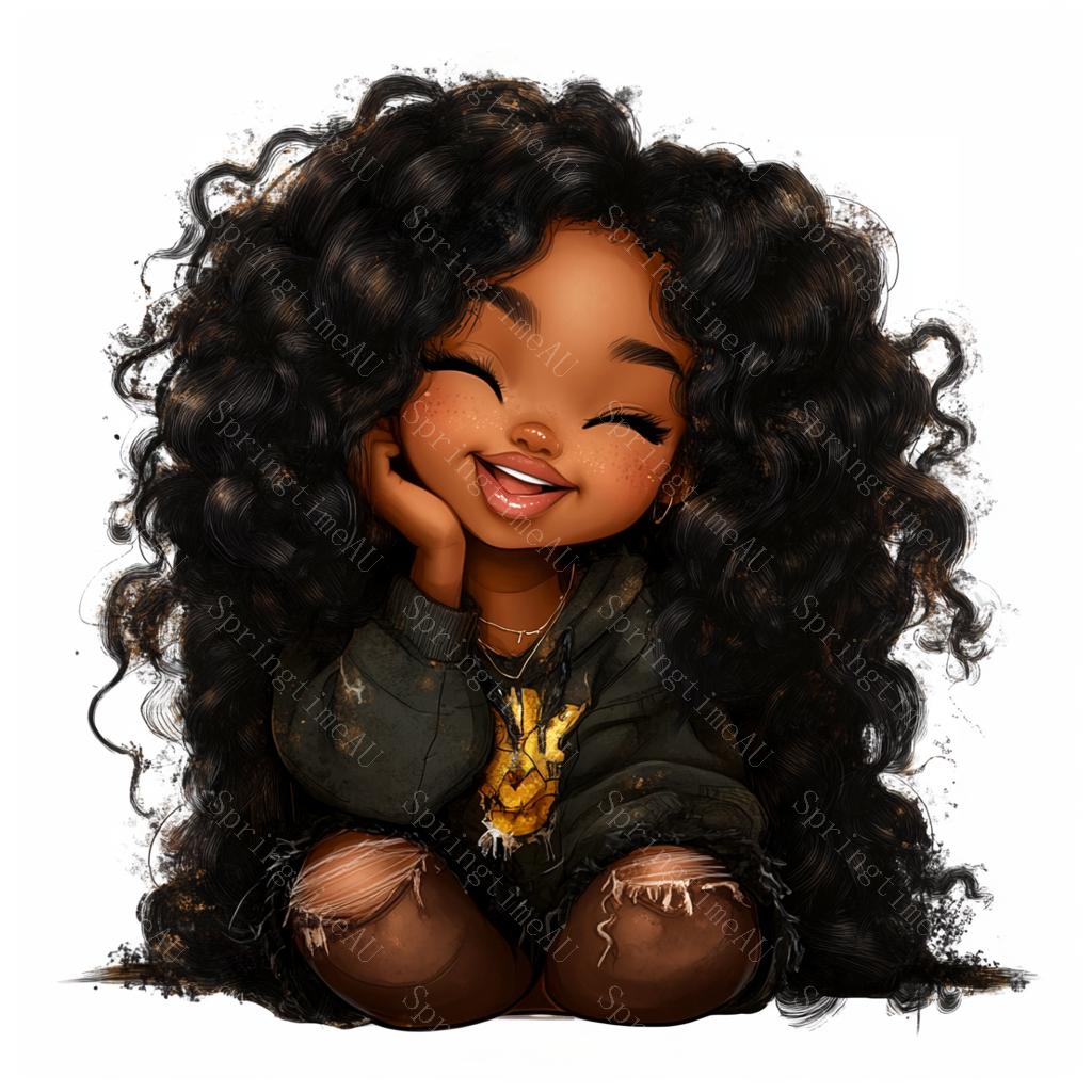20 Quirky Messy Black Girl Clipart, Cute Afro Whimsical Girl, Printable Watercolor, High-Quality JPGs, Paper Craft, Junk Journal