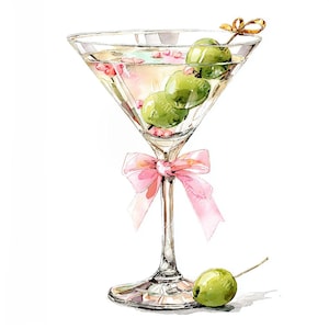 20 Martini Glas Oliven Schleife Clipart, Martini mit Schleife, druckbares Aquarell, hochwertige JPGs, Papiermodell, Junk Journal, digitaler Download