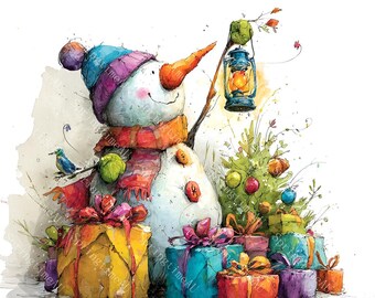 14 Quirky Snowman with Christmas Tree Clipart, Funny Winter Holiday, Printable Watercolor, High-Quality JPGs, Papercraft, Junk Journal