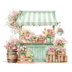 May include: A watercolour illustration of a flower stall with a mint green and white striped awning. The stall is filled with various flowers in pink, yellow, and red, displayed in pots, baskets, and a wooden barrel. A hanging basket of flowers is also visible.