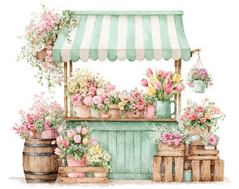 18 Clipart för blomsteraffär, blomstermarknad, blomsteraffär, stående för blomsteraffär, utskrivbar akvarell, högkvalitativa JPG-bilder, papperspyssel, skräpjournal
