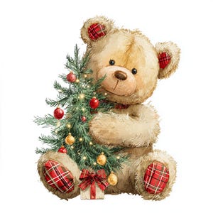 16 Teddy Bear with Christmas Tree Clipart, Baby Bear, Christmas Card, Printable Watercolor, High-Quality PNG/JPGs, Papercraft, Junk Journal