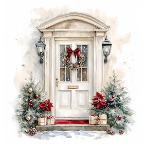 Può includere: Illustrazione ad acquerello di una porta d'ingresso bianca decorata per Natale. Un fiocco e una ghirlanda rossi adornano la porta, affiancata da piccoli alberi di Natale con ornamenti rossi e stelle di Natale. Regali e pigne completano la scena festosa.