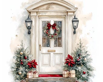 22 Christmas Door Clipart, Winter Doors, Cozy Holiday Scenes, Invitations, Printable Watercolor, High-Quality JPGs, Papercraft, Junk Journal
