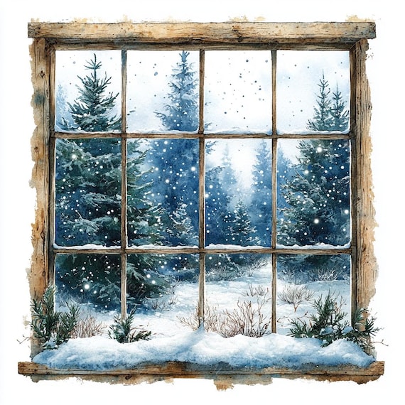 15 冬の窓の風景のクリップアート、雪景色、クリスマスの窓、印刷可能