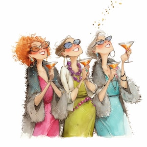 May include: A watercolour illustration depicts three women in sunglasses, raising cocktail glasses. They wear colourful dresses, fur stoles, and jewellery. Gold confetti falls from above, suggesting a celebratory occasion.