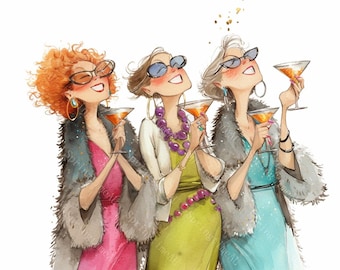 18 Funny Party Ladies Clipart, Party Girls, Best Friends, Printable Watercolor,High-Quality JPGs, Papercraft, Junk Journal, Digital Download