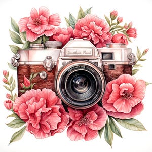 18 Vintage Floral Camera Clipart, Photo camera, Cottagecore Photography Art, Printable Watercolor,High-Quality JPGs, Papercraft,Junk Journal