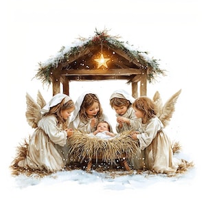 Op de afbeelding: Waterverfillustratie van de kerststal. Engelen in witte gewaden met gevederde vleugels omringen het kindje Jezus in een kribbe. Een houten stal met een stralende ster staat op de achtergrond, met sneeuw en groen.