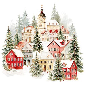 20 Christmas Village Clipart, Christmas Card Art, Printable Watercolor, High-Quality JPGs, Paper Craft, Junk Journal, Digital Download