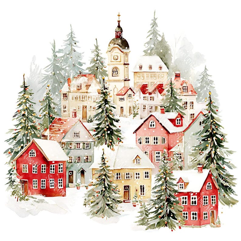 20 Christmas Village Clipart, Christmas Card Art, Printable Watercolor, High-Quality JPGs, Paper Craft, Junk Journal, Digital Download