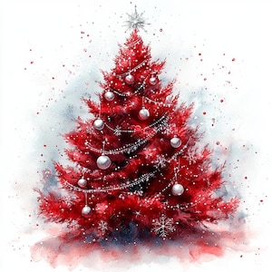13 Clipart di albero di Natale rosso, grafica natalizia, abete festivo, acquerello stampabile, JPG di alta qualità, cartaceo, diario spazzatura