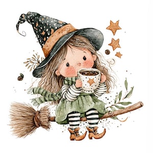 Op de afbeelding: Een aquarelillustratie van een kind met een donkere puntmuts met gouden sterren, een groene jurk en gestreepte legging, zittend op een houten bezemsteel. Het kind houdt een witte mok met een gouden ster vast, omringd door zwevende sterren.