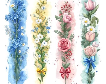 18 Floral Panels Clipart, Wildflower Panels, Vertical Floral Borders, Printable Watercolor, High-Quality JPGs, Papercraft, Junk Journal