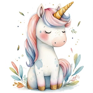 14 Rainbow Unicorn Clipart, Cute Unicorn Clipart, Baby Unicorn, Printable Watercolor, High-Quality JPGs, PaperCraft, Junk Journal