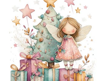 May include: Watercolor illustration of a Christmas scene. A fairy in a pink dress with white wings stands on wrapped gifts. A decorated Christmas tree and star-shaped ornaments are in the background. The gifts are in shades of pink, blue, and gold.