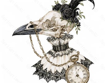 18 Raven Skull Black Rose Clipart, Dark Academia Watercolor JPG, Gothic Halloween Sublimation, Junk Journal Stickers, Digital Download