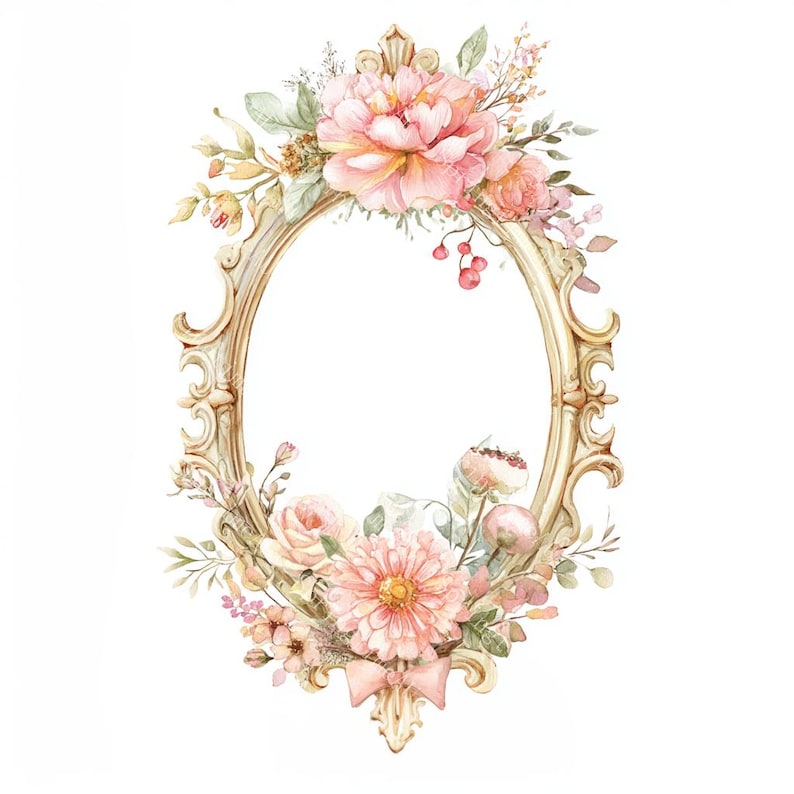 16 Floral Wedding Crest Clipart, Gold Ornate Frame, Victorian Frame, Printable Watercolor,High-Quality JPGs, Paper Craft, Junk Journal