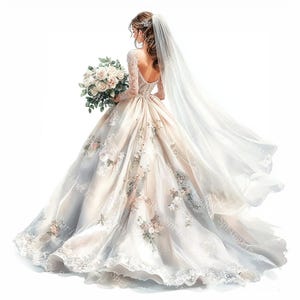 20 Clipart di matrimonio, sposa romantica, clipart di abito da sposa, acquerello stampabile, JPG di alta qualità, creazione di carta, diario di scarto