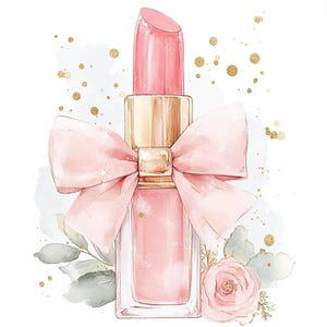20 Clipart di rossetto rosa con fiocco, Clipart di trucco, Cosmetici femminili, Acquerello stampabile, JPG di alta qualità, Artigianato di carta, Diario spazzatura
