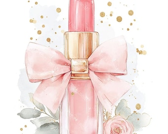 リボン付きピンクの口紅のクリップアート20点、メイクアップクリップ