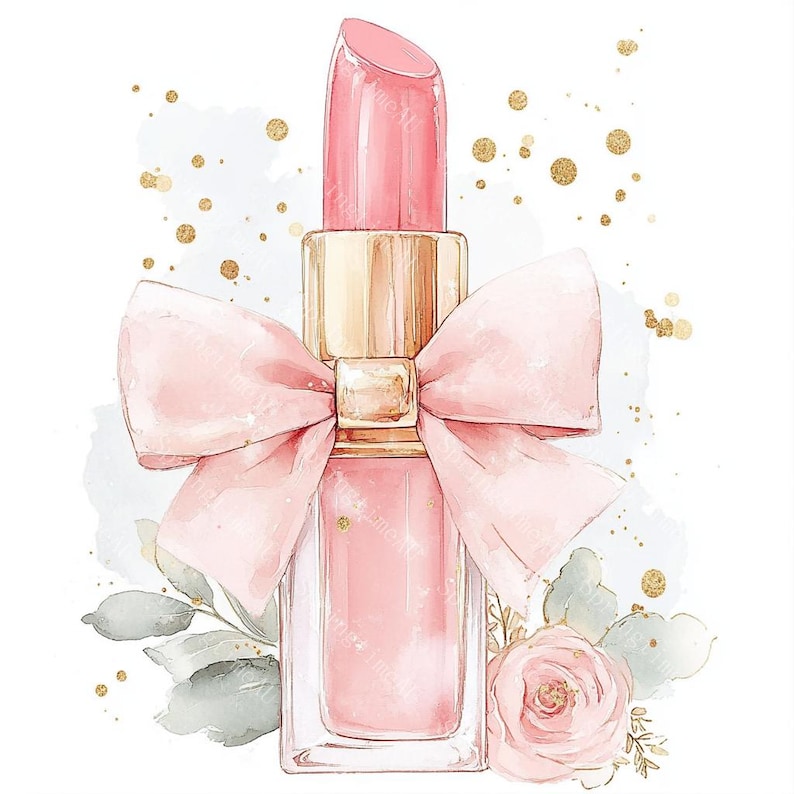 20 Pink Lipstick with Bow Clipart, Makeup Clipart, Feminine Cosmetics, Printable Watercolor, High-Quality JPGs, Paper Craft, Junk Journal