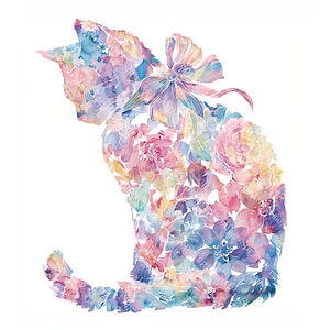 Peut inclure: Illustration à l'aquarelle d'une silhouette de chat composée de fleurs colorées. Le chat est représenté dans des tons de rose, bleu, violet et jaune, avec un nœud sur la tête. L'œuvre est sur fond blanc.