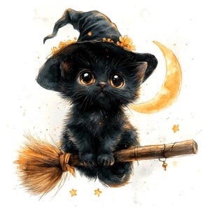 May include: A watercolor illustration of a black kitten wearing a witch hat adorned with yellow flowers, riding a broom. The kitten has large, expressive eyes and is set against a backdrop of a crescent moon and stars, evoking a Halloween theme.