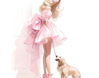 20 Girl and Dog Clipart, Fashion Girls Clipart, Dog Lover, Printable Watercolor,High-Quality JPGs, Papercraft, Junk Journal,Digital Download