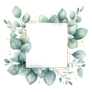 May include: Watercolor illustration of a square gold frame surrounded by green and blue eucalyptus leaves. The leaves have a soft, watercolor texture and are accented with small gold flecks. The frame is empty, providing space for text or other design elements.