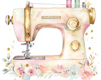 16 Floral Cute Sewing Machine Clipart, Vintage Floral Sewing Machine, Printable Watercolor, High-Quality JPGs, Paper Craft, Junk Journal