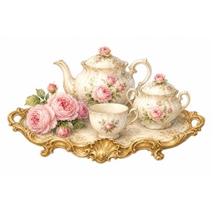 Puede incluir: Un juego de té de porcelana color crema que incluye una tetera, un azucarero con tapa y una taza, decorados con motivos de rosas rosadas y bordes dorados. El conjunto se asienta sobre una bandeja dorada ornamentada junto a rosas.