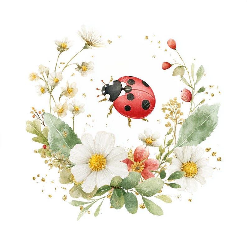 16 Floral Ladybug Clipart, Cute Lady Bug, Spring Art, Printable Watercolor, High-Quality JPGs, Paper Craft, Junk Journal, Digital Download