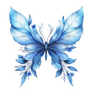 水彩画　模写　バタフライ　蝶 野生の花畑に舞う青い蝶の水彩画5点セット（クリップアート）、工芸品