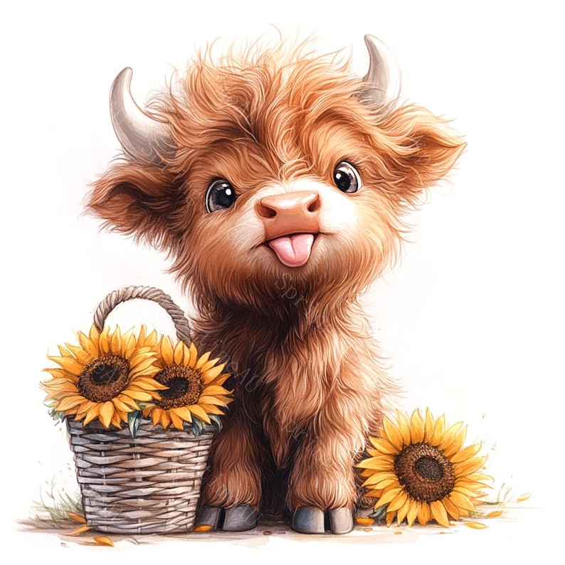 14 Highland Cow Sunflowers Clipart, Baby Highland Cow, Spring Flowers, Printable Watercolor, High-Quality JPGs, Paper Craft, Junk Journal