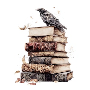 Pode incluir: Uma ilustração em aguarela de um corvo preto pousado no topo de uma pilha vertical de sete livros antigos com capas ornamentadas e texturizadas em tons de castanho, bege e preto, rodeado por várias penas flutuantes e salpicos de tinta.