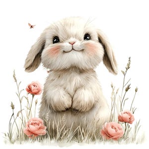 18 Coelhinho fofo com rosas clipart, coelho fofo, coelho floral, aquarela para impressão, JPGs de alta qualidade, PaperCraft, diário de lixo