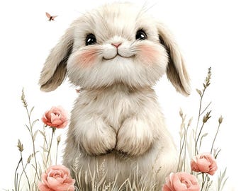 18 Fluffy Bunny With Roses Clipart, Cute Rabbit, Floral Bunny, Printable Watercolor, High-Quality JPGs, PaperCraft, Junk Journal