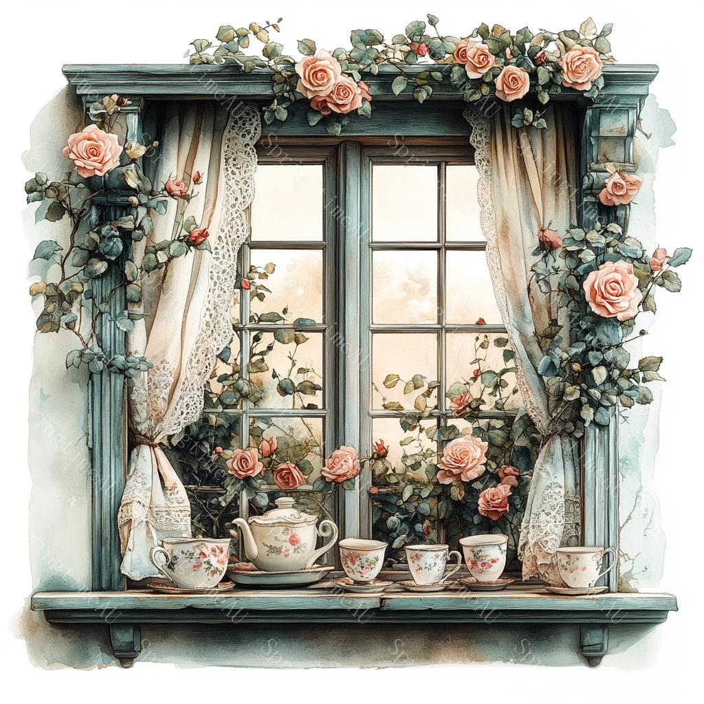 20 Cozy Window With Teatime Clipart, Floral Windows Clipart, Shabby ...