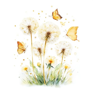 26 Złotych Dmuchawców Clipart, Bukiet Kwiatów Wiosennych, Botaniczne Dmuchawce, Wydrukowalna Akwarela, Wysokiej Jakości JPG, Rękodzieło Papierowe, Dziennik Śmieci