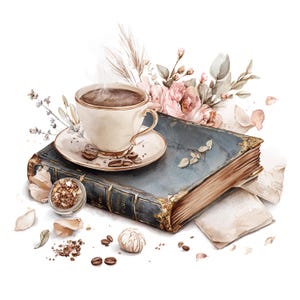 20 Clipart di caffè e libri, Clipart di caffè, Estetica di lettura accogliente, Acquerello stampabile, JPG di alta qualità, Papercraft, Diario di scarto