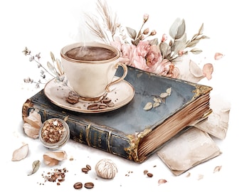 20 imágenes prediseñadas de café y libros, imágenes prediseñadas de café, estética acogedora para la lectura, acuarela imprimible, JPG de alta calidad, manualidades con papel, diario creativo