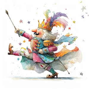 May include: A watercolour illustration of a Nutcracker soldier in a dynamic pose. The figure wears a gold crown, a colourful uniform with pink, blue, and gold accents, and holds a staff. The background features stars and a white backdrop.